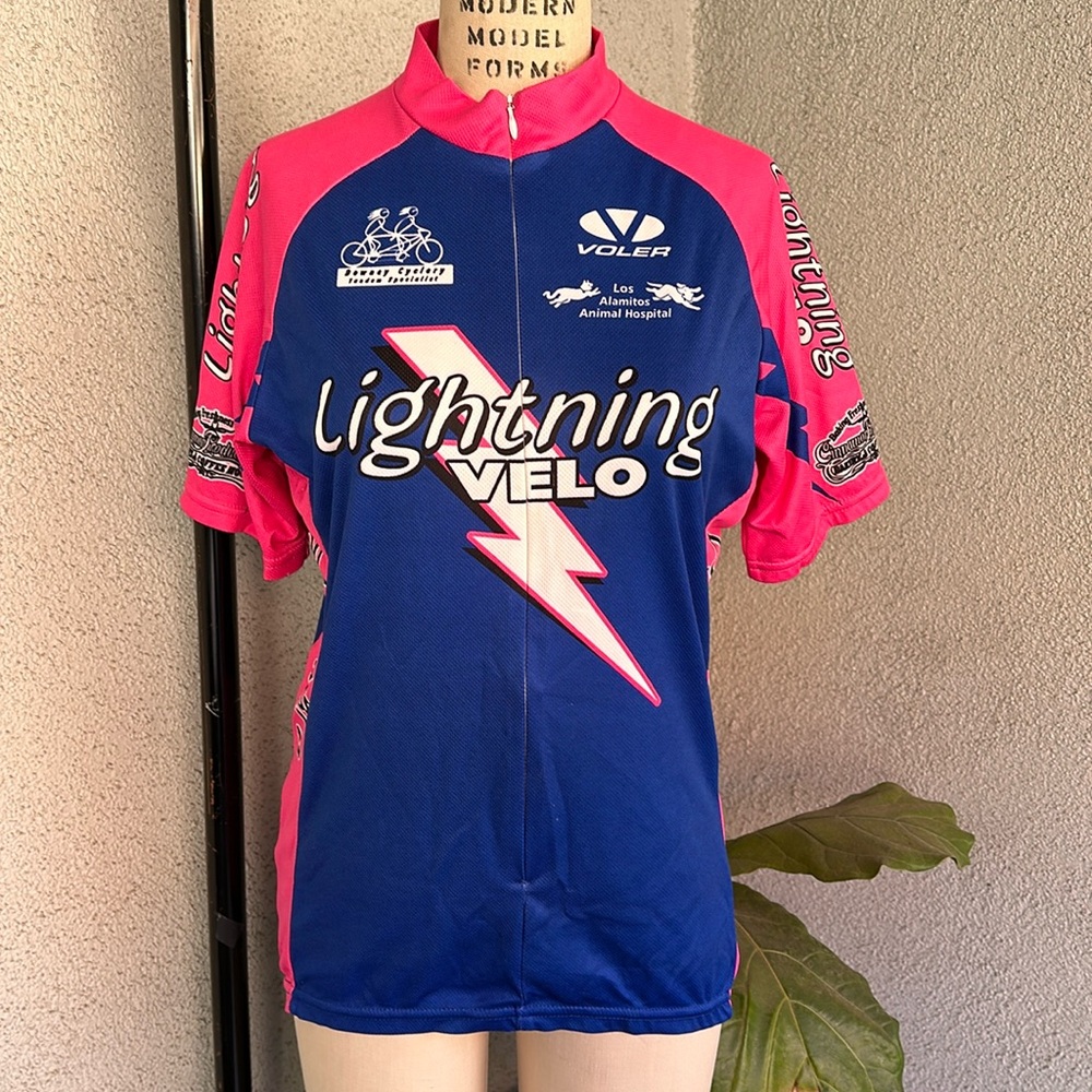 VOLER | Blue and Pink Front Zip Cycling Jersey with Back Pockets
